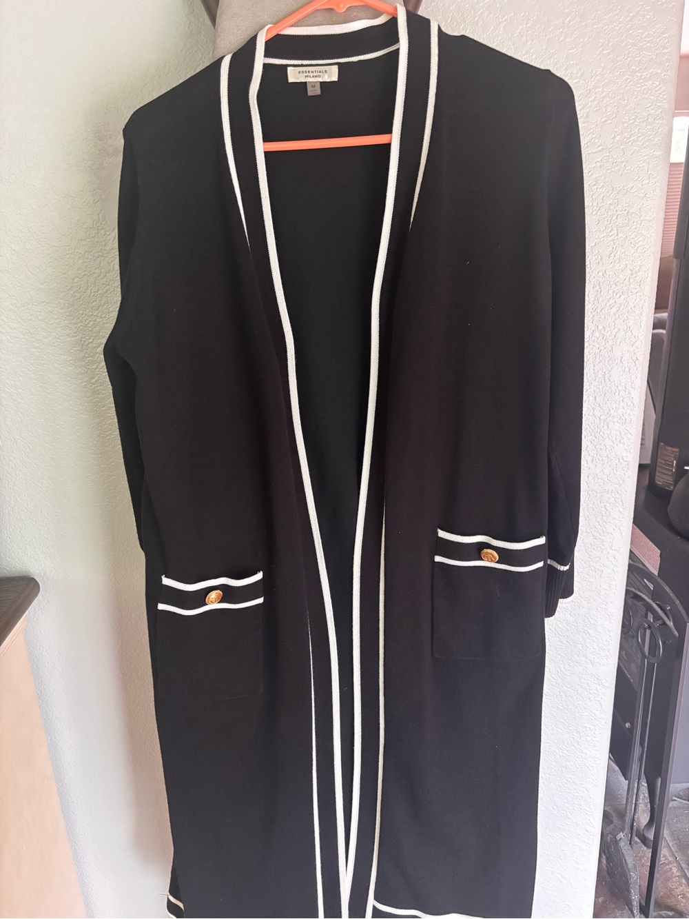 Essentials Black Open-Front Cardigan with White Trim